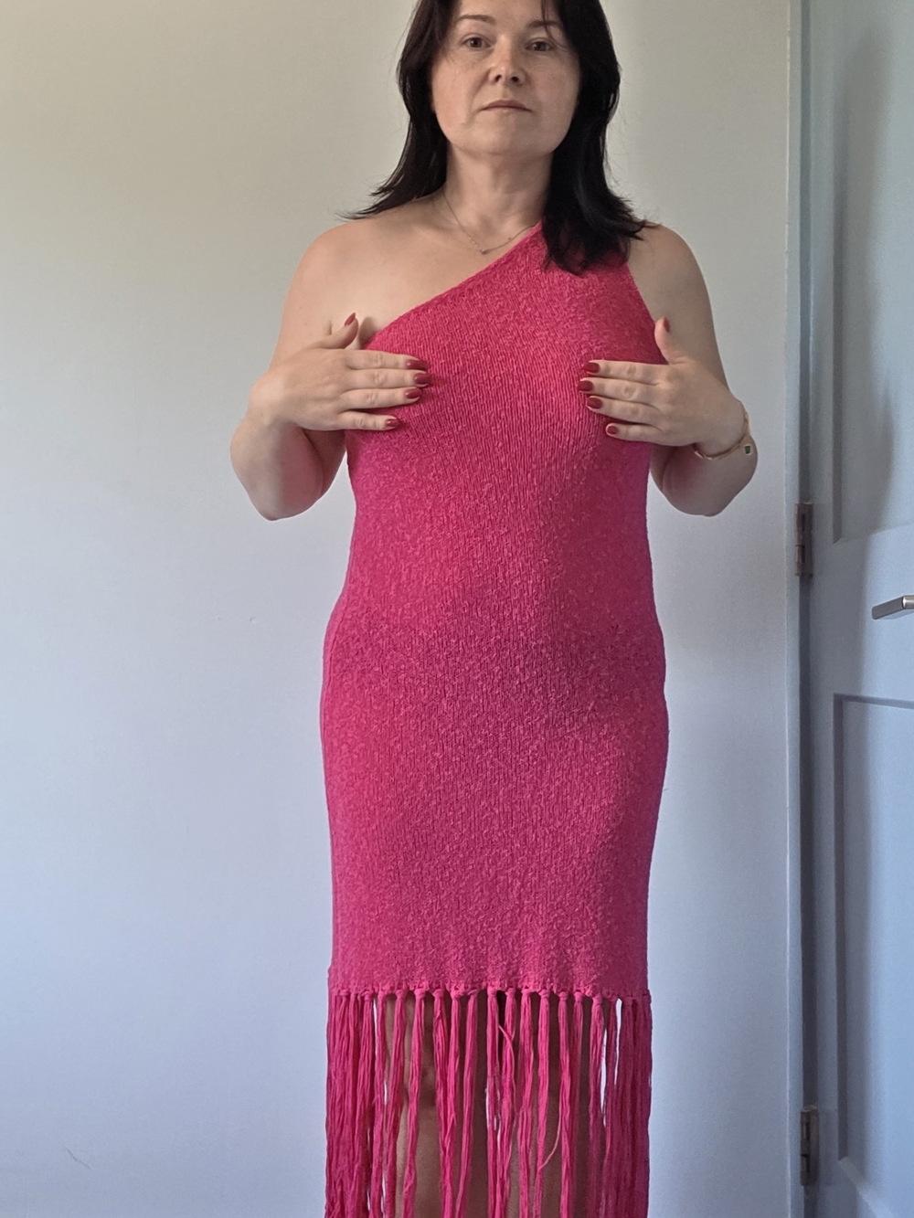 Rails One-Shoulder Pink Fringe Knit Dress. A Bit Sheer